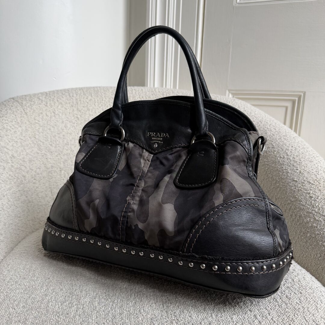 Prada Tessuto Nylon Camouflage Studded Dome Handbag