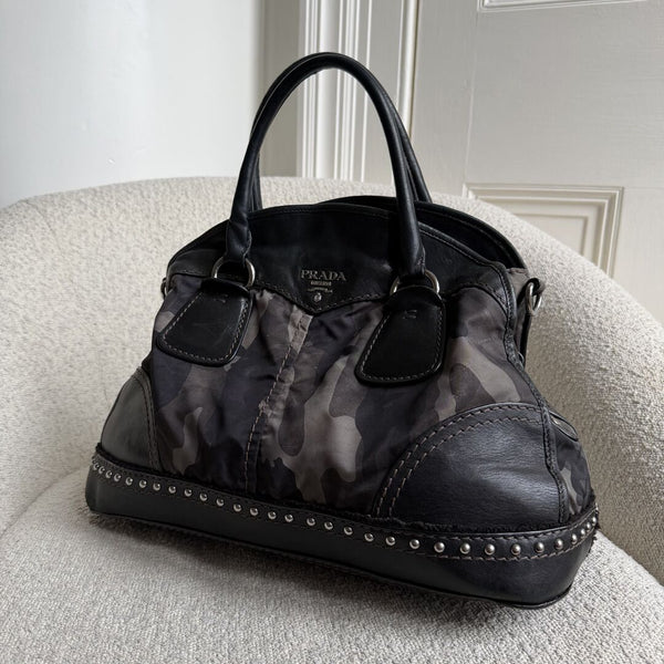 Prada Tessuto Nylon Camouflage Studded Dome Handbag