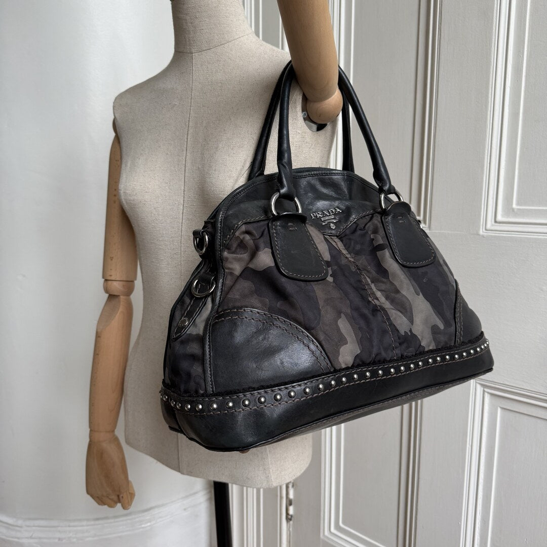 Prada Tessuto Nylon Camouflage Studded Dome Handbag