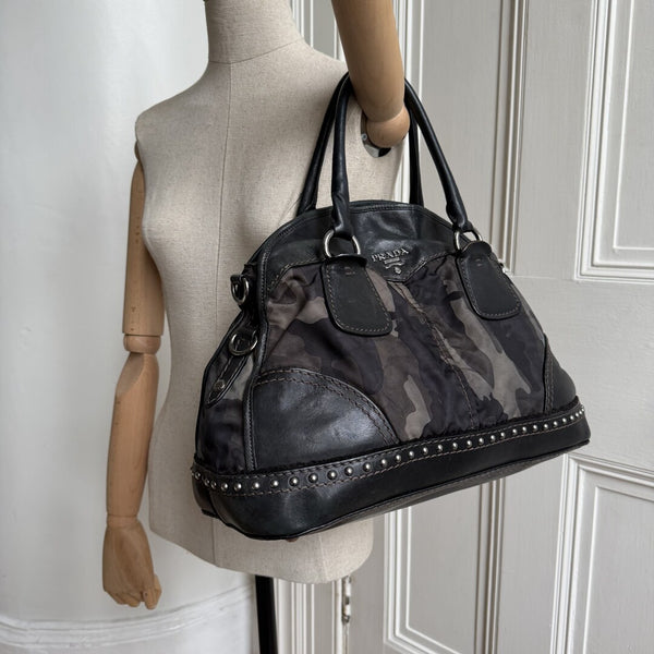 Prada Tessuto Nylon Camouflage Studded Dome Handbag