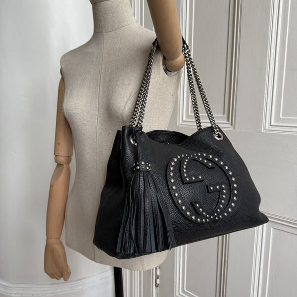 Gucci Soho Studded Chain Black Leather Tote Bag