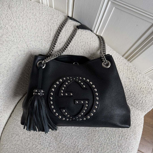Gucci Soho Studded Chain Black Leather Tote Bag