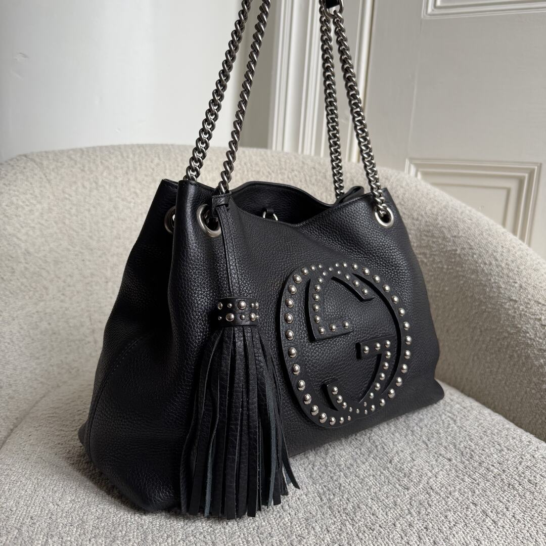 Gucci Soho Studded Chain Black Leather Tote Bag