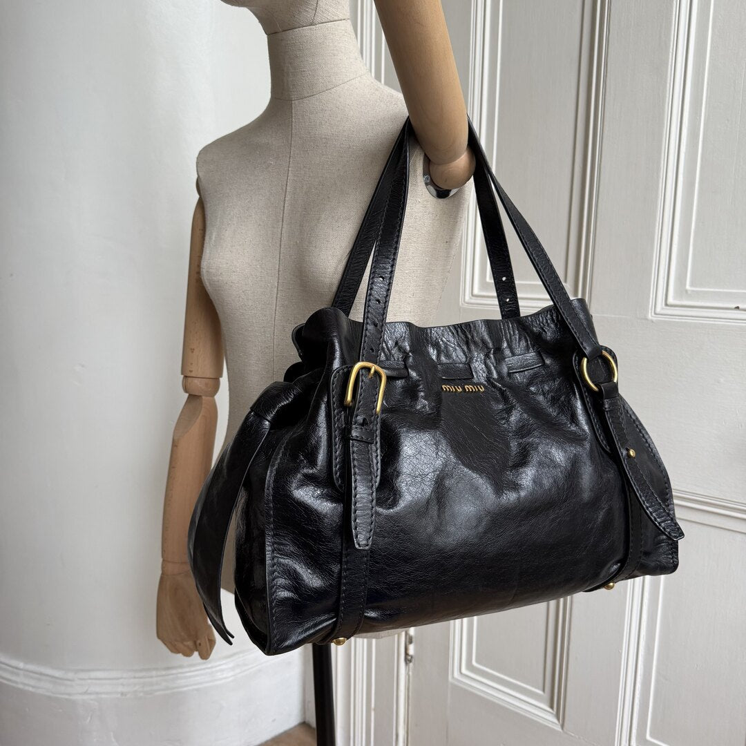 Miu Miu Vitello Black Leather Tote Bag
