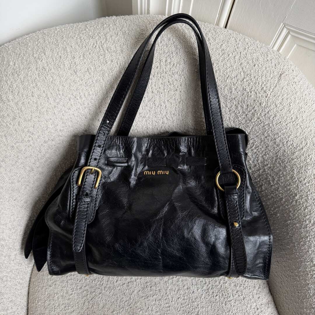 Miu Miu Vitello Black Leather Tote Bag