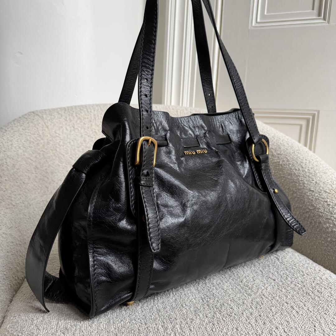 Miu Miu Vitello Black Leather Tote Bag
