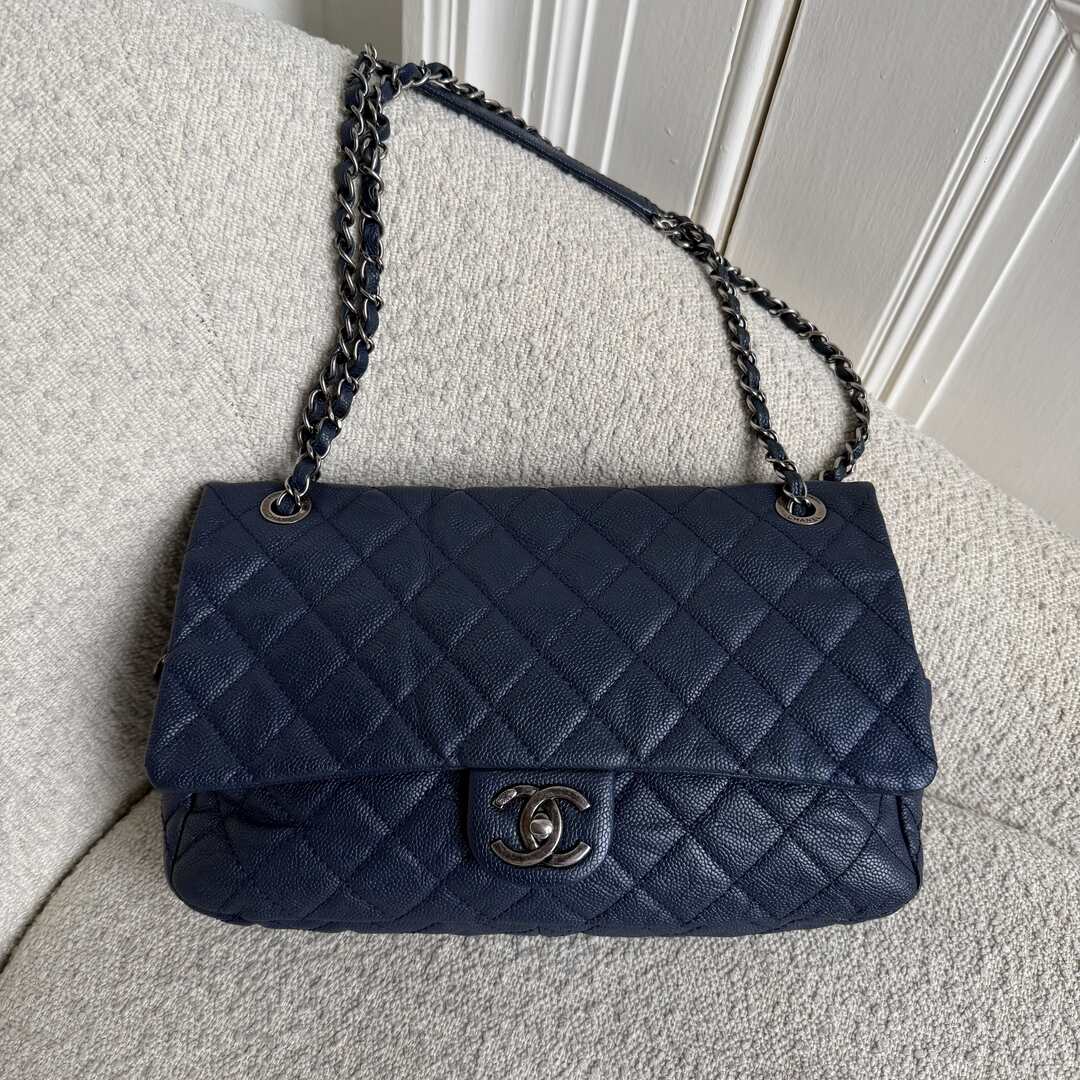 2012 Chanel CC Jumbo Easy Caviar Single Flap Midnight Blue Shoulder Bag