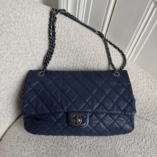 2012 Chanel CC Jumbo Easy Caviar Single Flap Midnight Blue Shoulder Bag