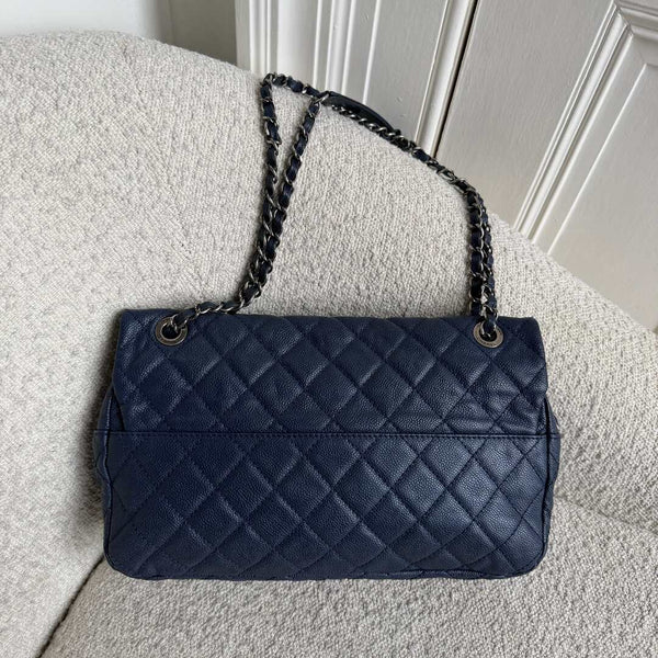 2012 Chanel CC Jumbo Easy Caviar Single Flap Midnight Blue Shoulder Bag