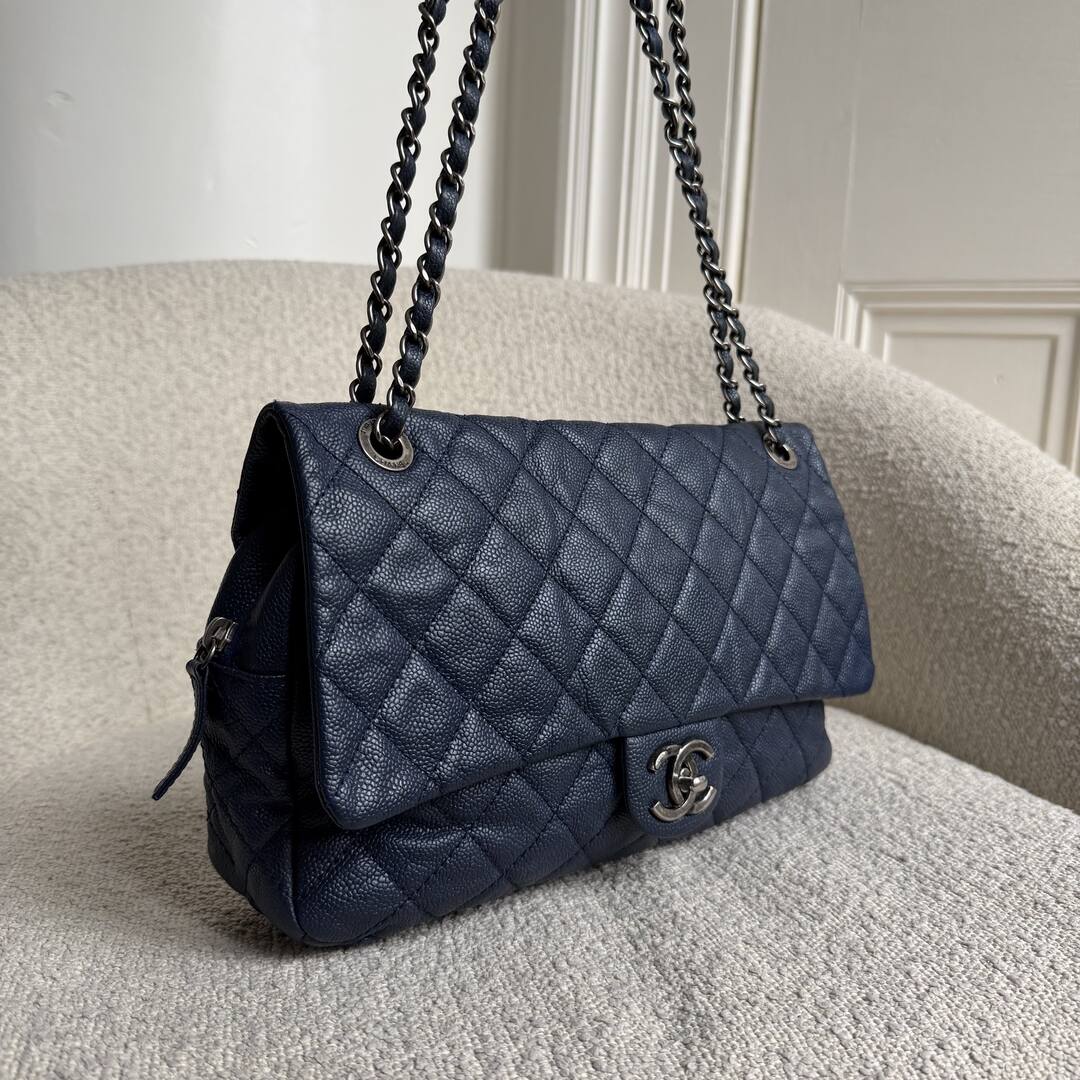 2012 Chanel CC Jumbo Easy Caviar Single Flap Midnight Blue Shoulder Bag