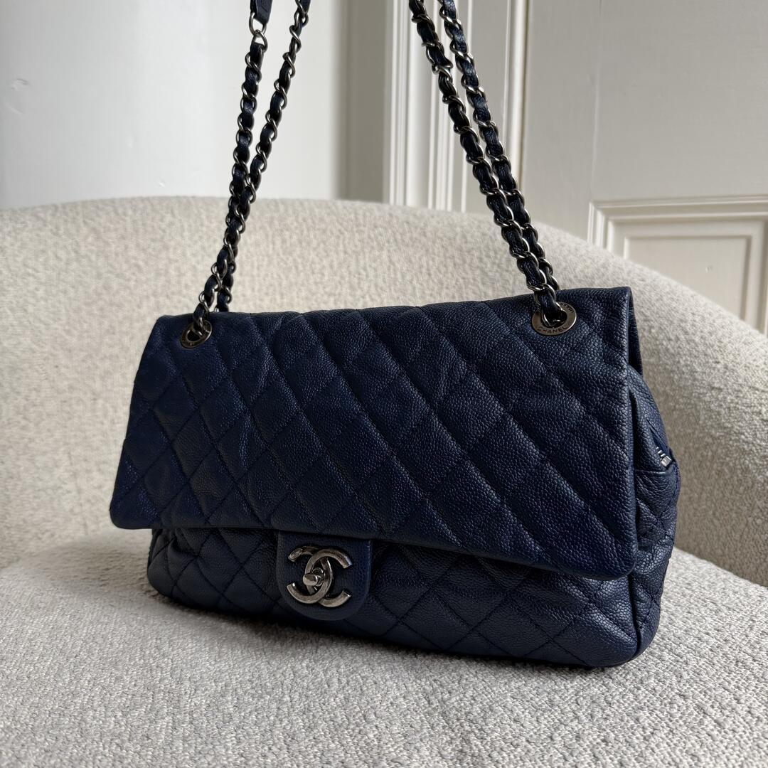 2012 Chanel CC Jumbo Easy Caviar Single Flap Midnight Blue Shoulder Bag
