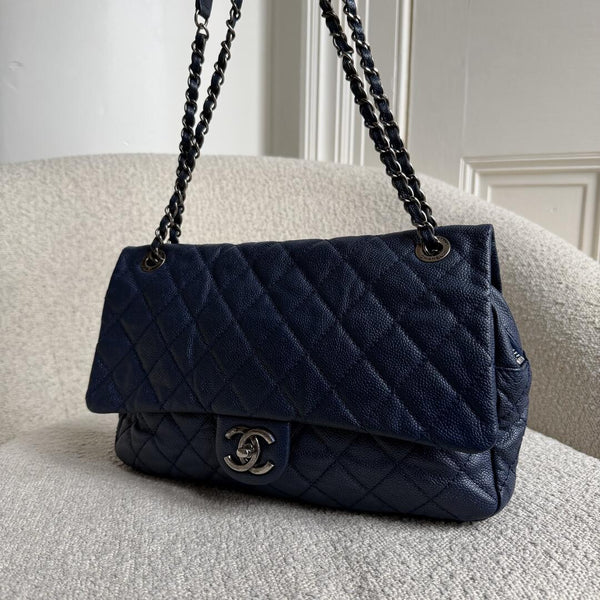 2012 Chanel CC Jumbo Easy Caviar Single Flap Midnight Blue Shoulder Bag