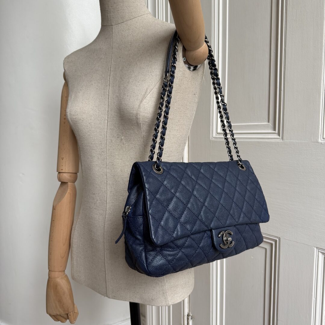 2012 Chanel CC Jumbo Easy Caviar Single Flap Midnight Blue Shoulder Bag
