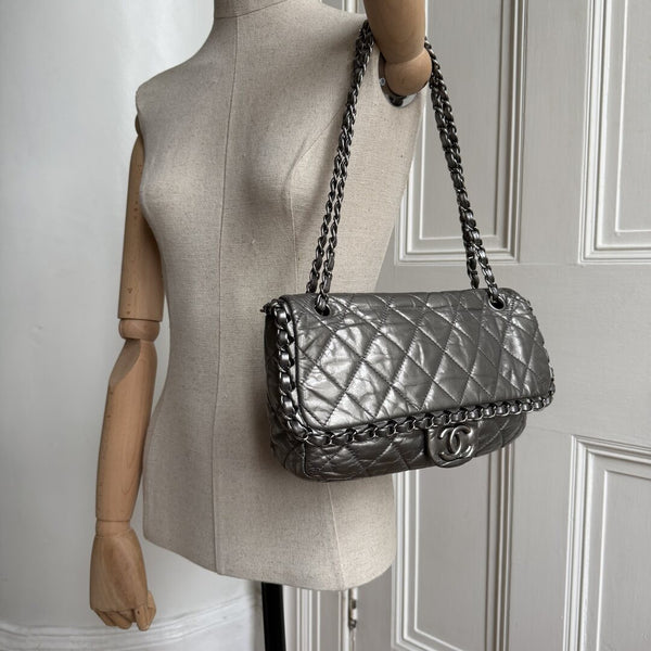 2010 Chanel Timeless Metallic Silver Chain Classic Flap Bag