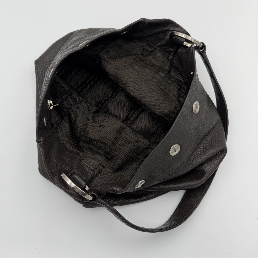 Prada Vitello Leather Button Brown Shoulder Bag