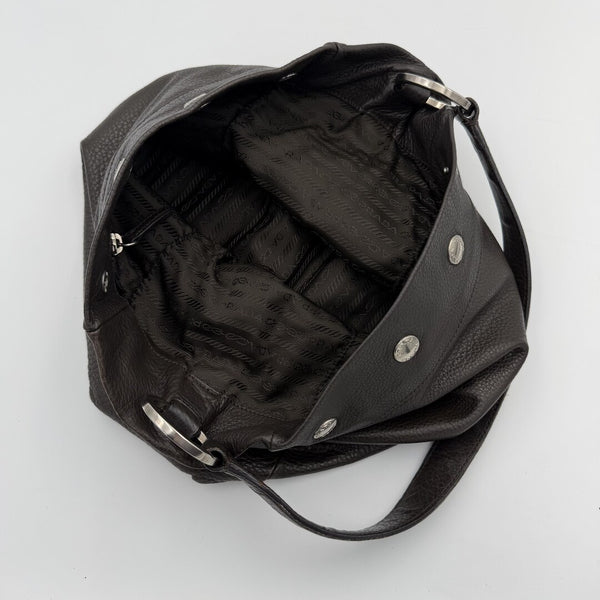 Prada Vitello Leather Button Brown Shoulder Bag