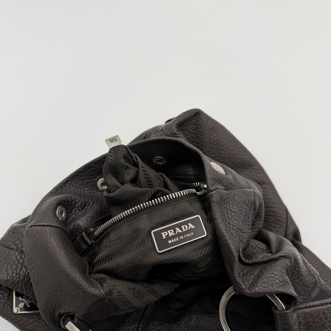 Prada Vitello Leather Button Brown Shoulder Bag