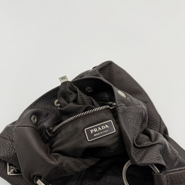 Prada Vitello Leather Button Brown Shoulder Bag