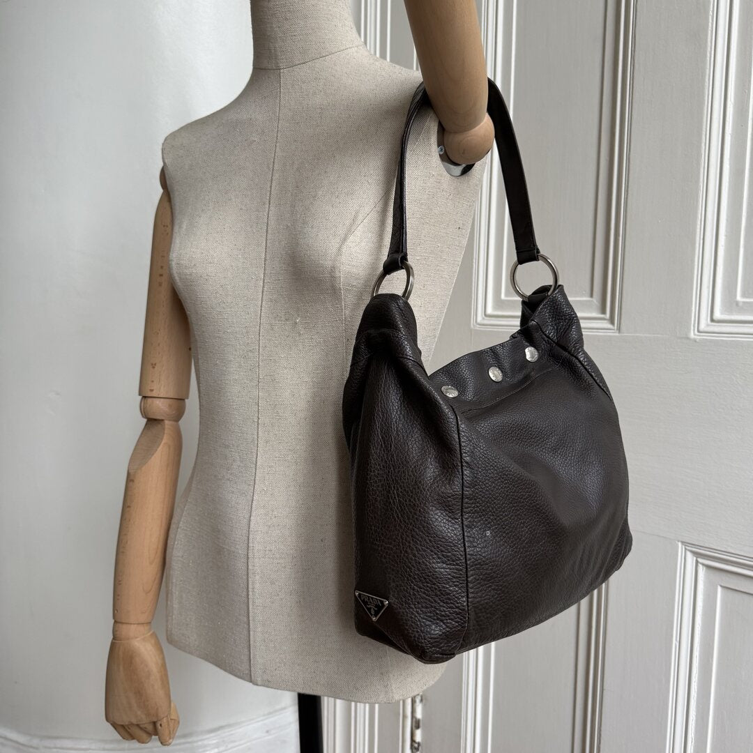 Prada Vitello Leather Button Brown Shoulder Bag