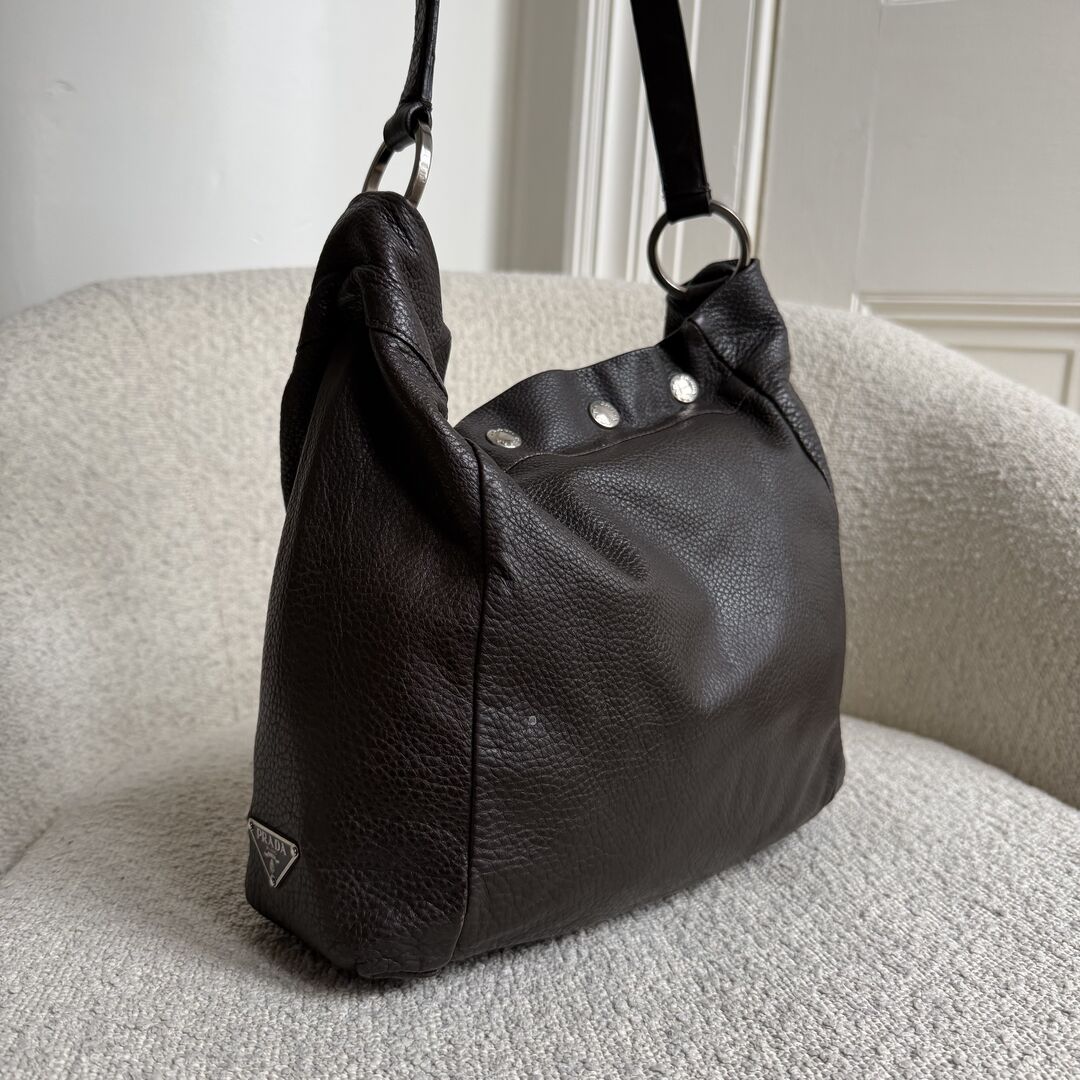 Prada Vitello Leather Button Brown Shoulder Bag