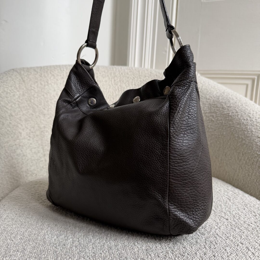 Prada Vitello Leather Button Brown Shoulder Bag