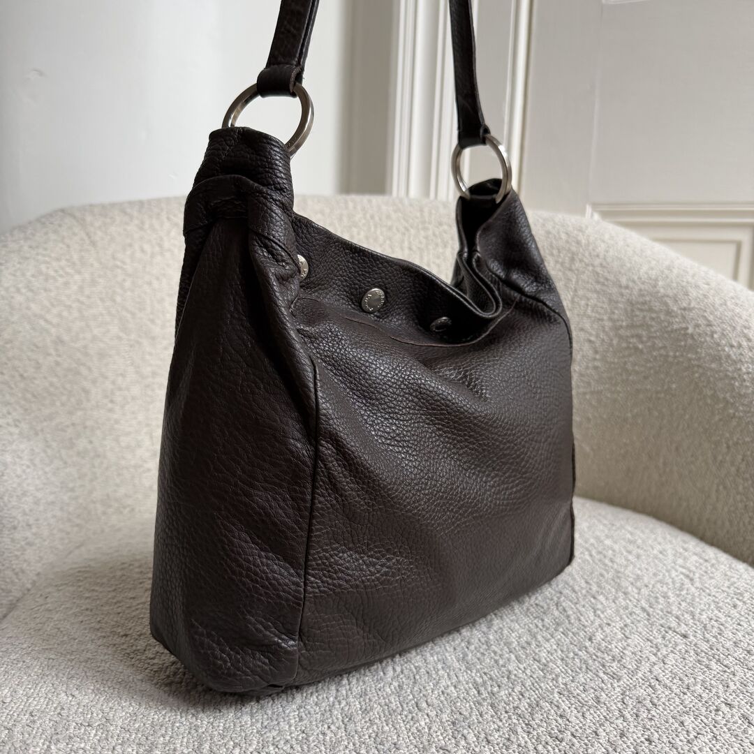 Prada Vitello Leather Button Brown Shoulder Bag