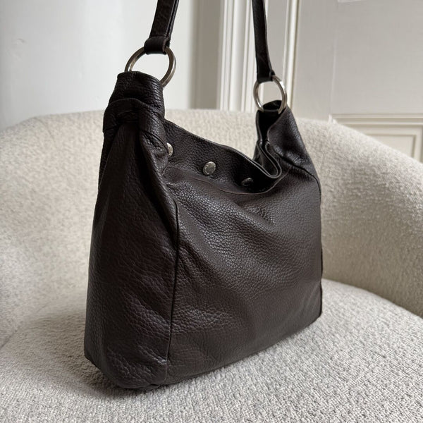 Prada Vitello Leather Button Brown Shoulder Bag