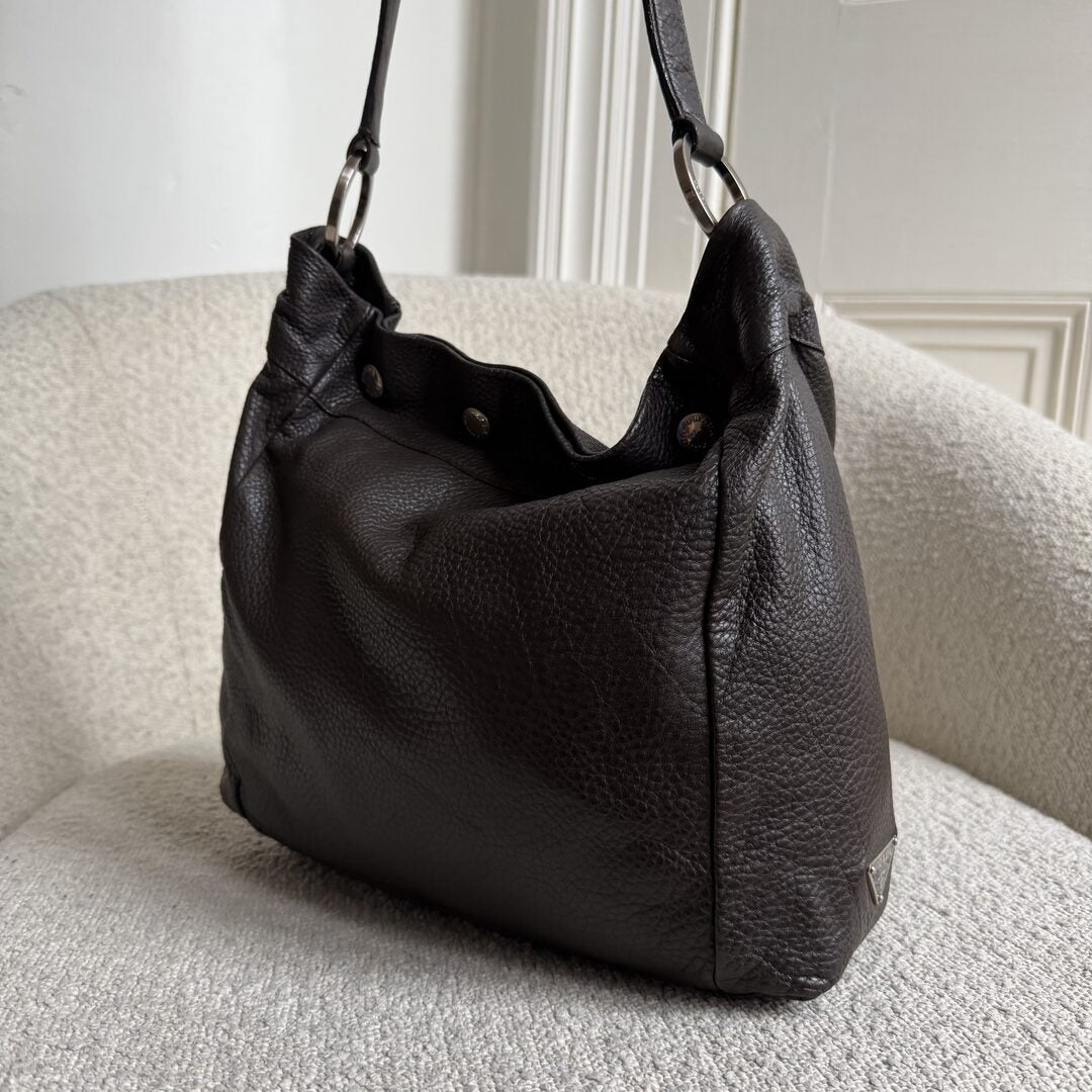 Prada Vitello Leather Button Brown Shoulder Bag