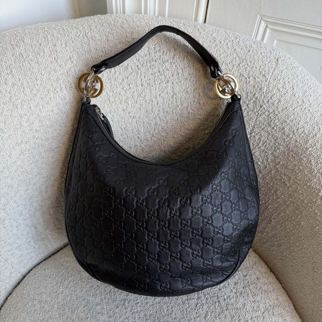 Gucci Guccissima Twins Hobo Black Leather Shoulder Bag