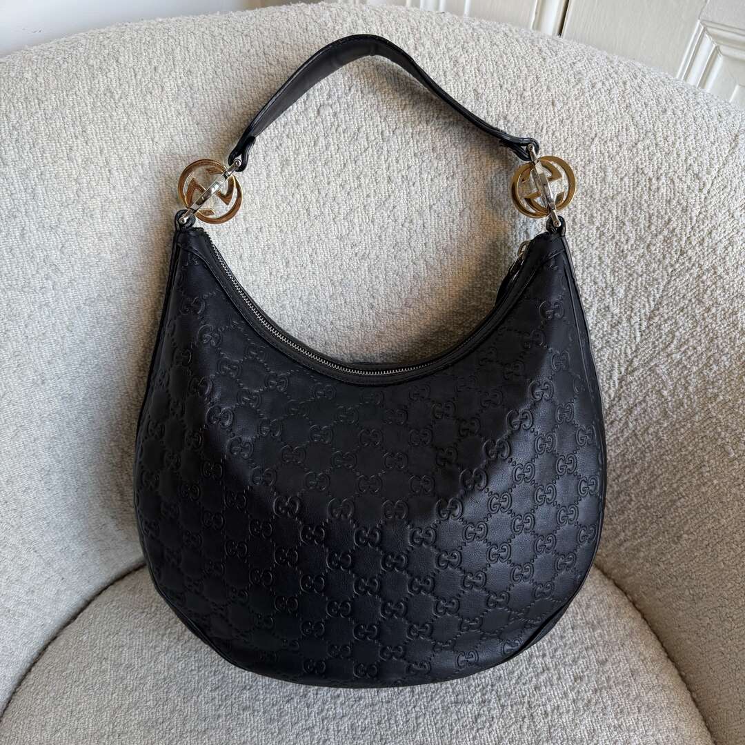 Gucci Guccissima Twins Hobo Black Leather Shoulder Bag