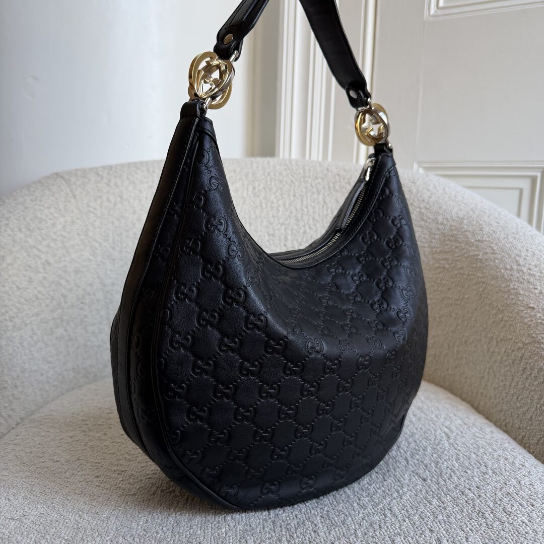 Gucci Guccissima Twins Hobo Black Leather Shoulder Bag