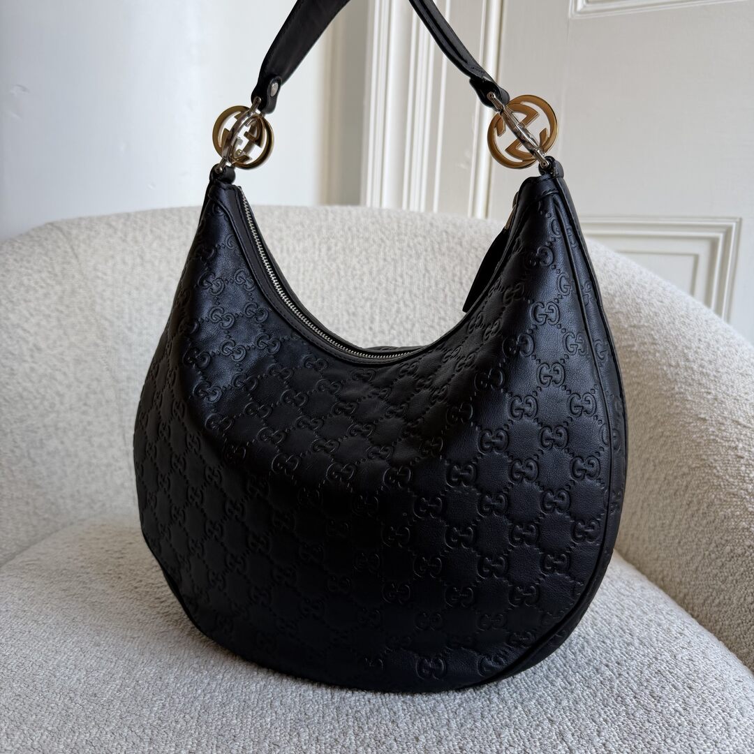 Gucci Guccissima Twins Hobo Black Leather Shoulder Bag