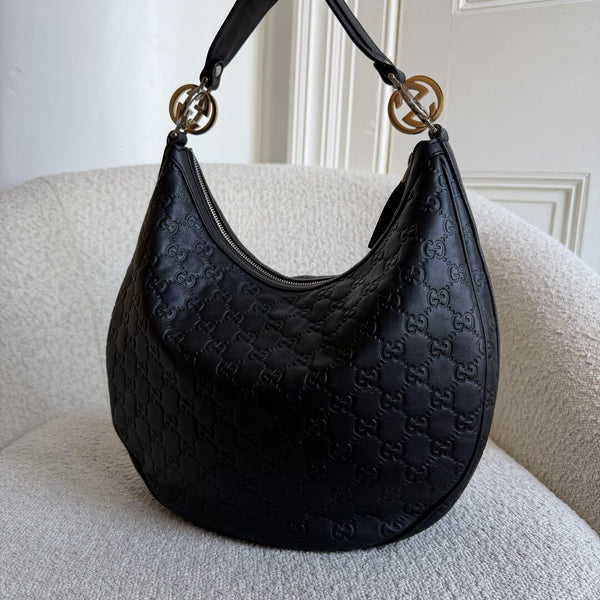 Gucci Guccissima Twins Hobo Black Leather Shoulder Bag