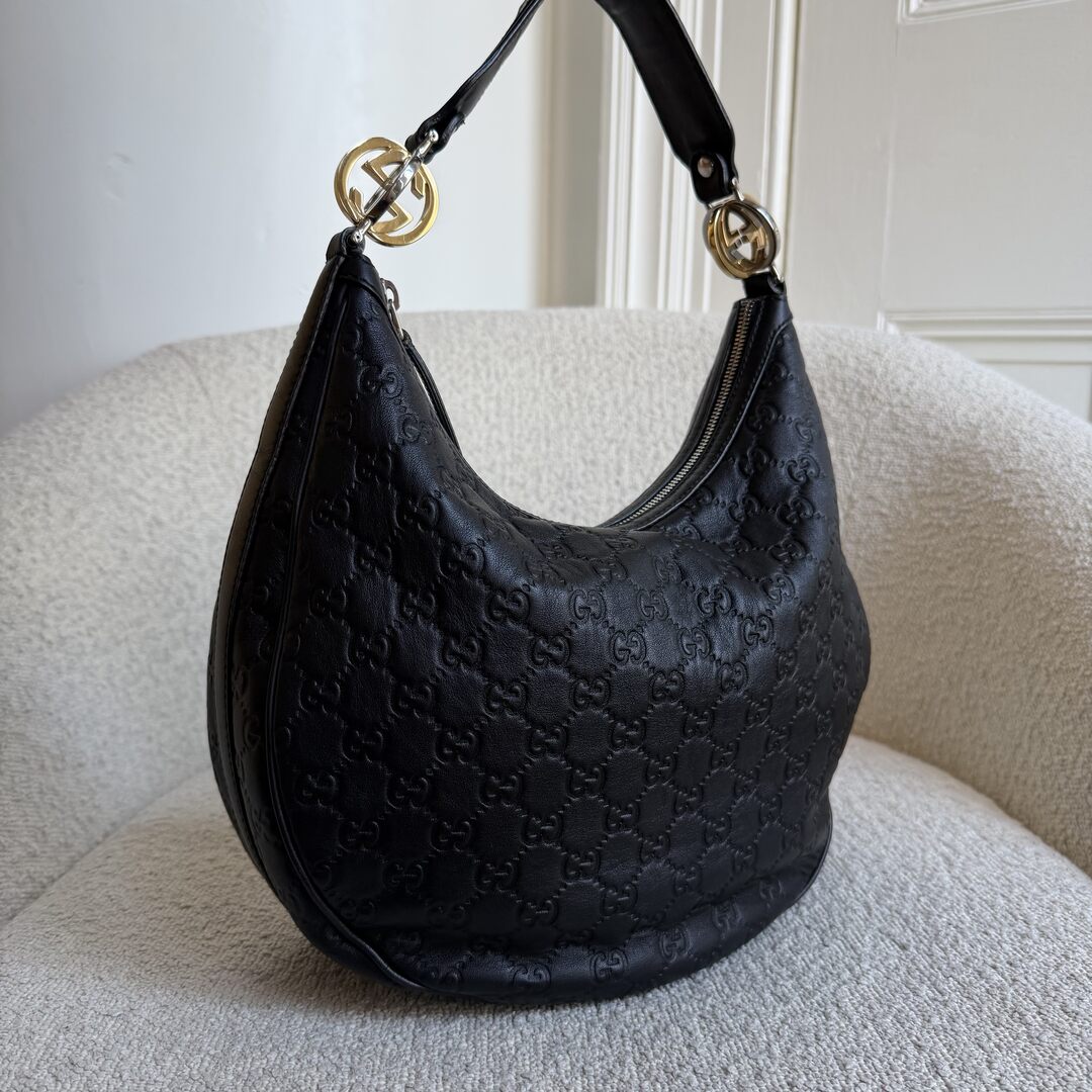 Gucci Guccissima Twins Hobo Black Leather Shoulder Bag