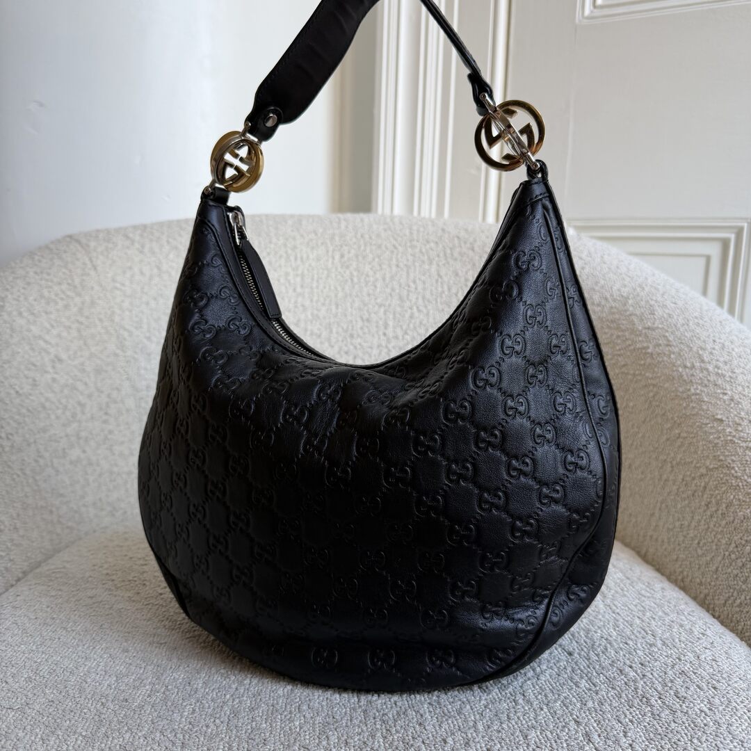 Gucci Guccissima Twins Hobo Black Leather Shoulder Bag