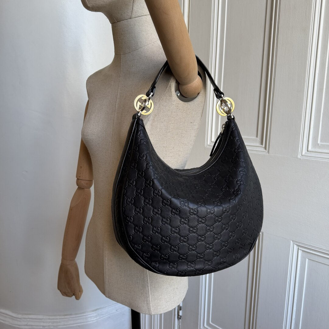 Gucci Guccissima Twins Hobo Black Leather Shoulder Bag