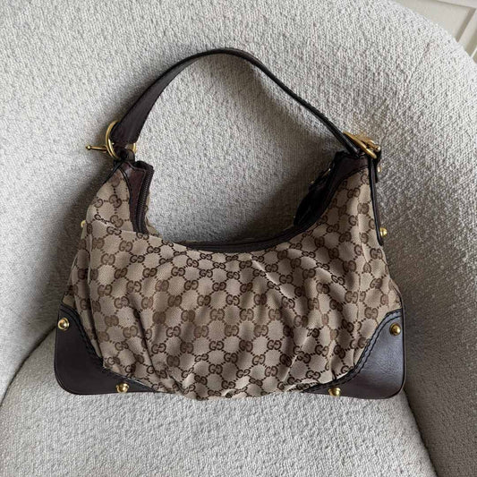 Gucci GG Canvas Jockey Hobo Brown Shoulder Bag