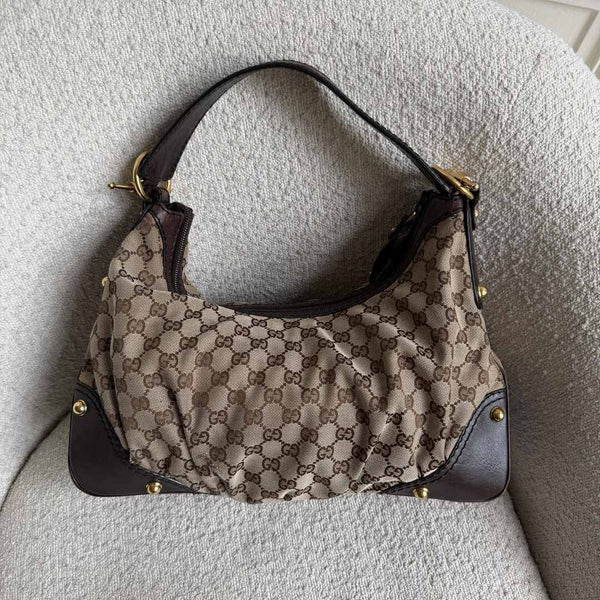 Gucci GG Canvas Jockey Hobo Brown Shoulder Bag