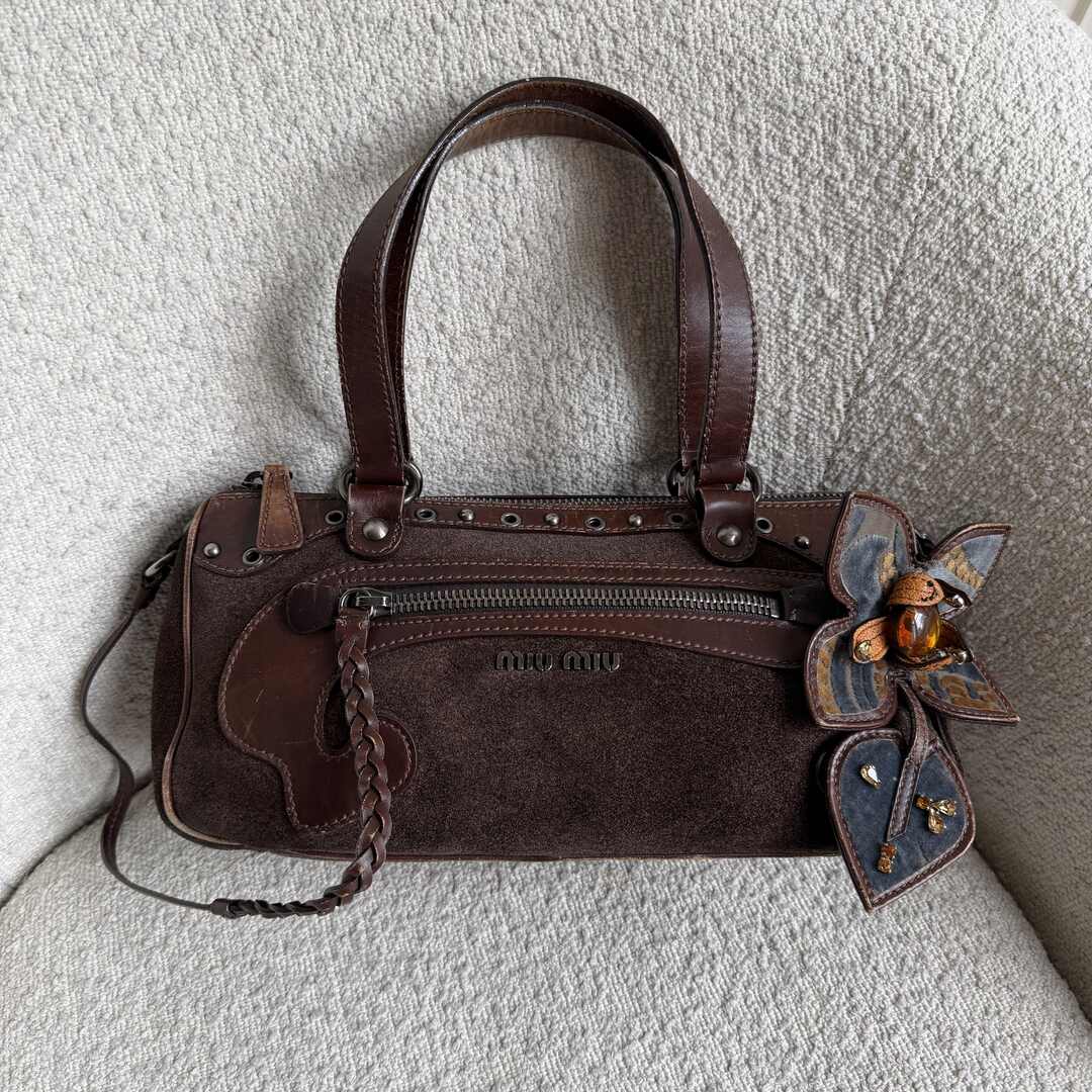 Archive Miu Miu Suede Flower Brown Shoulder Bag