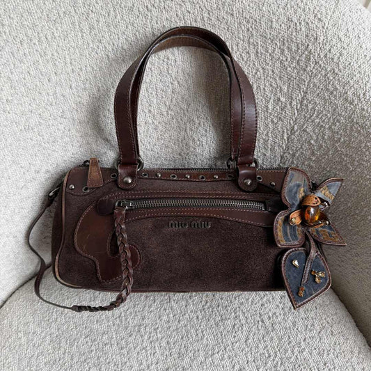 Archive Miu Miu Suede Flower Brown Shoulder Bag