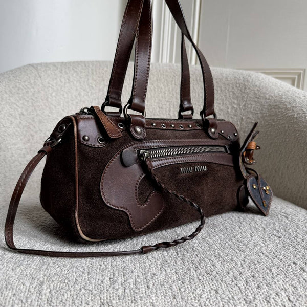Archive Miu Miu Suede Flower Brown Shoulder Bag