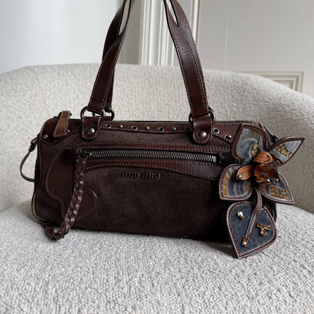Archive Miu Miu Suede Flower Brown Shoulder Bag