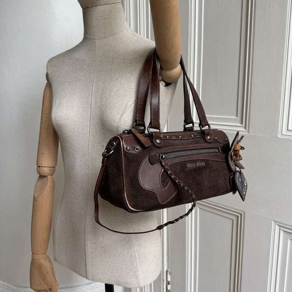 Archive Miu Miu Suede Flower Brown Shoulder Bag
