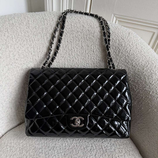 2011 Chanel CC Maxi Double Flap Patent Leather Black Shoulder Bag