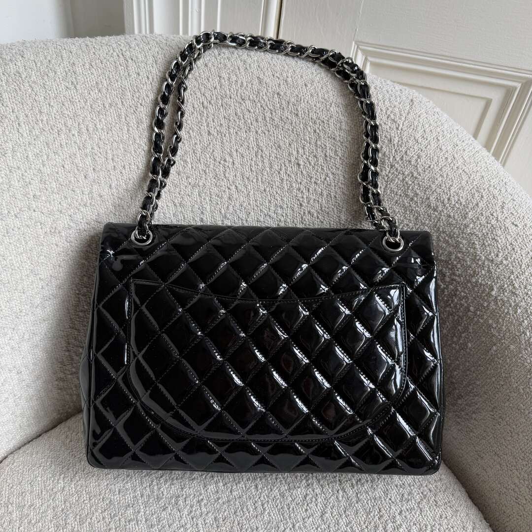 2011 Chanel CC Maxi Double Flap Patent Leather Black Shoulder Bag