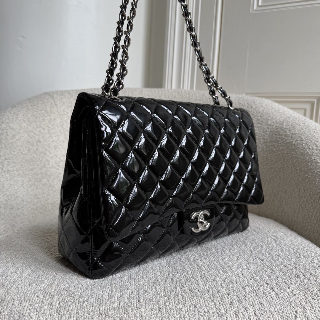 2011 Chanel CC Maxi Double Flap Patent Leather Black Shoulder Bag