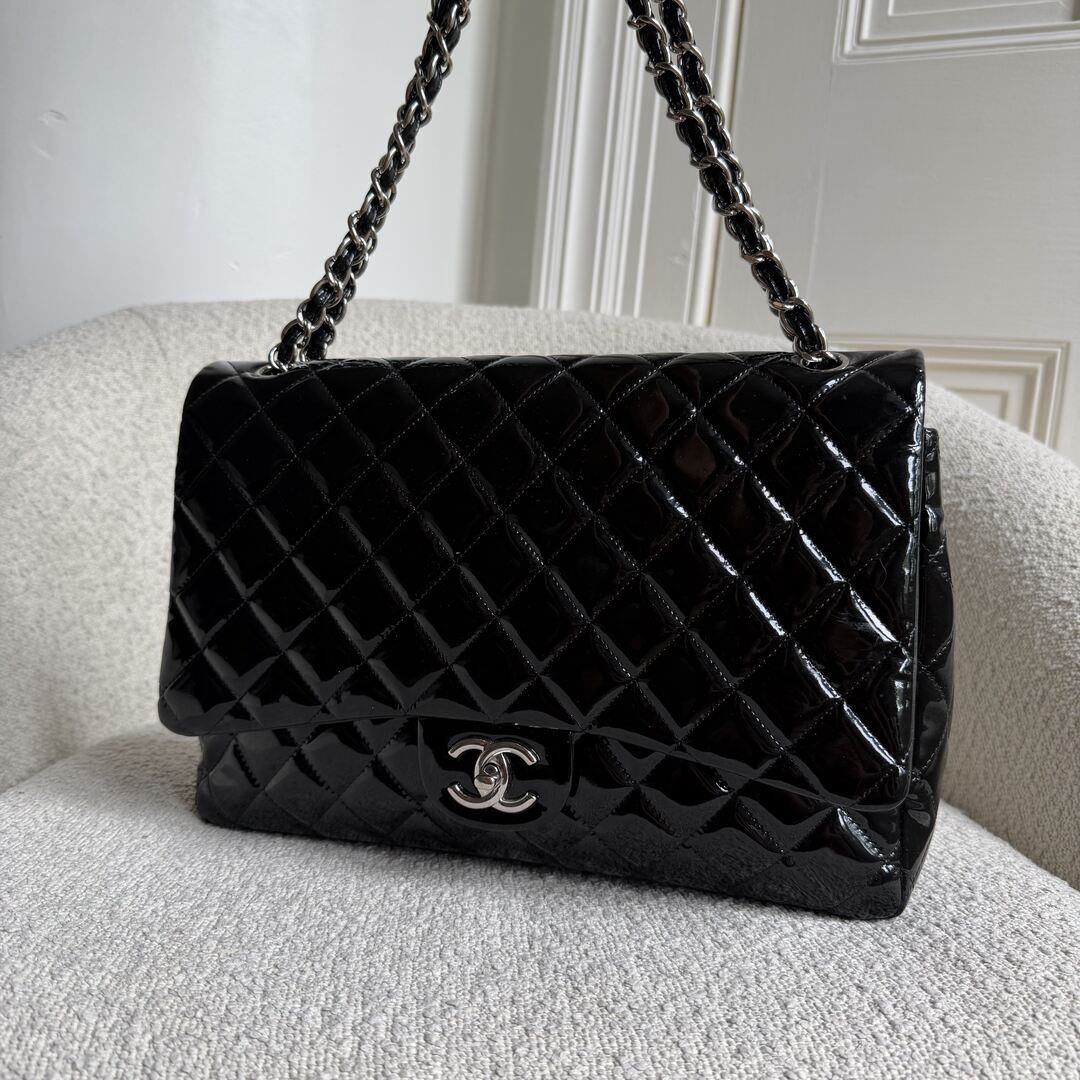 2011 Chanel CC Maxi Double Flap Patent Leather Black Shoulder Bag