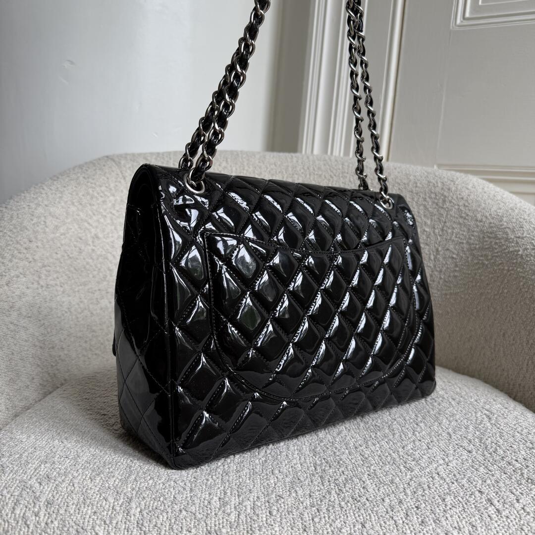 2011 Chanel CC Maxi Double Flap Patent Leather Black Shoulder Bag