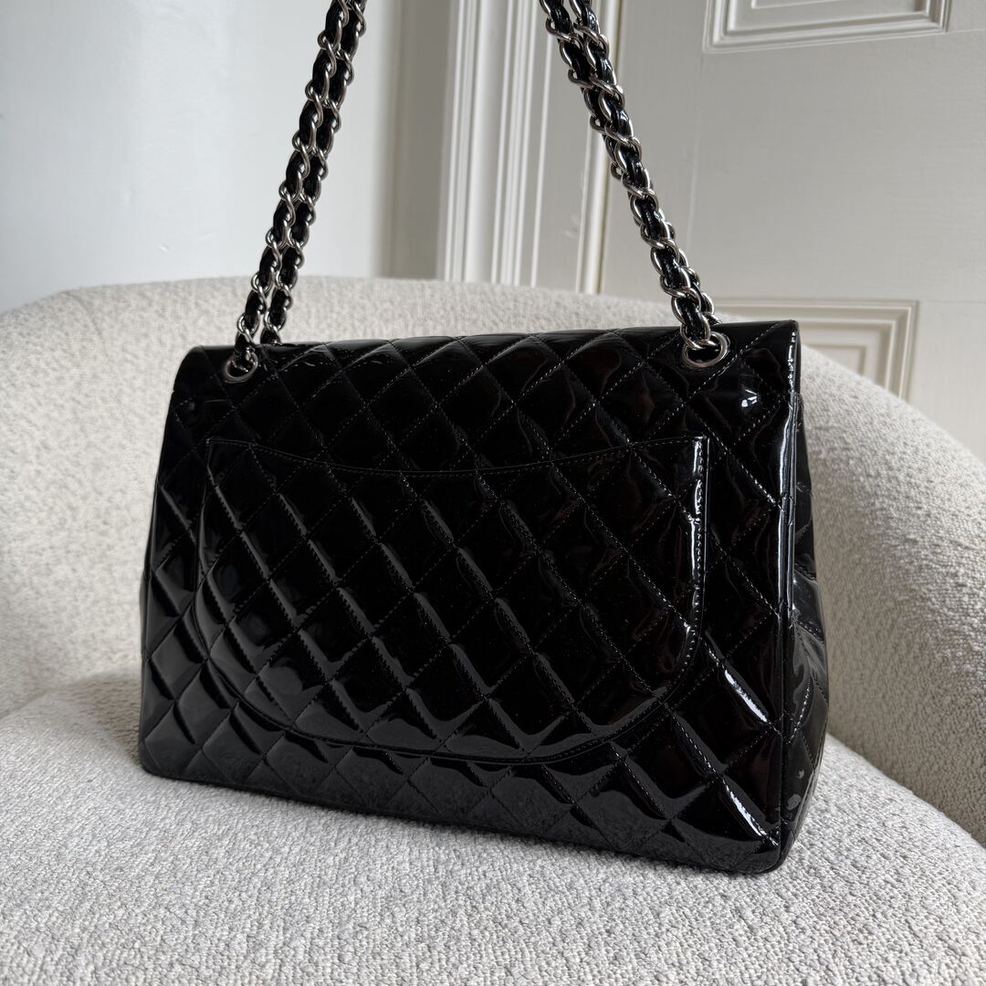 2011 Chanel CC Maxi Double Flap Patent Leather Black Shoulder Bag