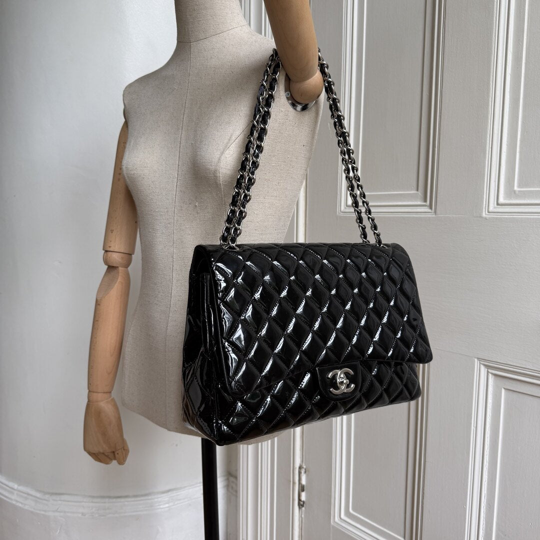 2011 Chanel CC Maxi Double Flap Patent Leather Black Shoulder Bag
